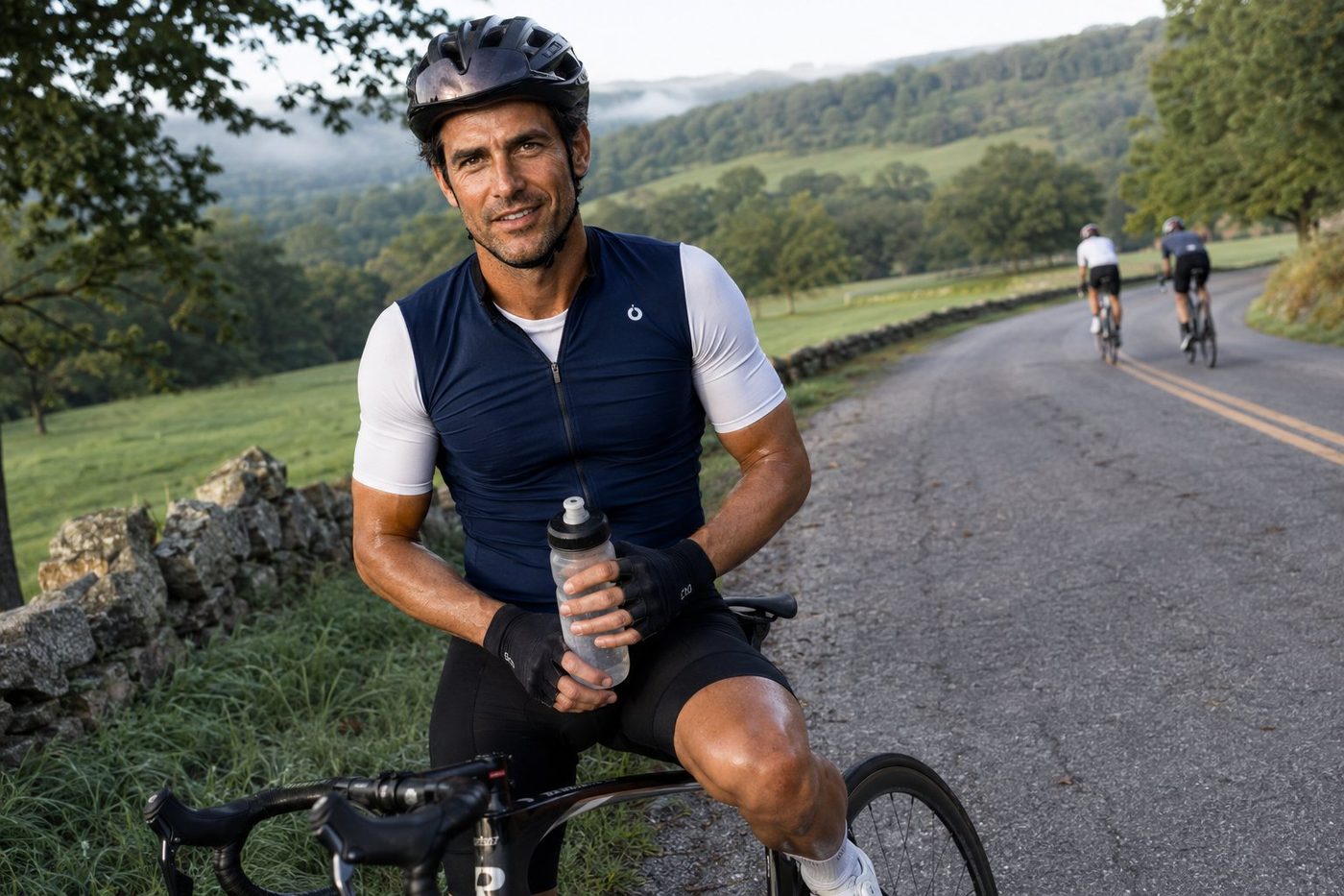 Cycling break at a stone wall